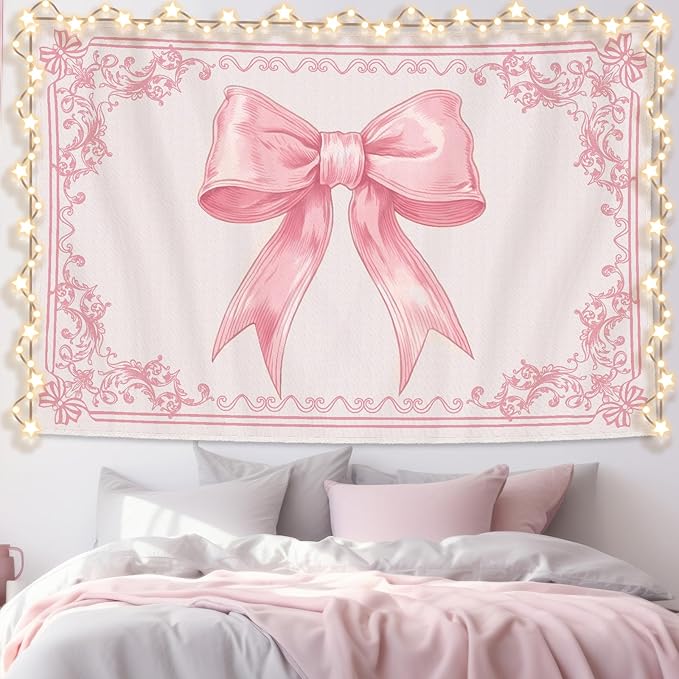 HunnmingRe 79" x 60" Pink Bow Tapestry Coquette Pink Aesthetic Bedroom Hanging Wall Art Preppy Tapestry Decor Kit Cute Bowknot Room Decoration for Women Girls Room Dorm Apartment(Bow)