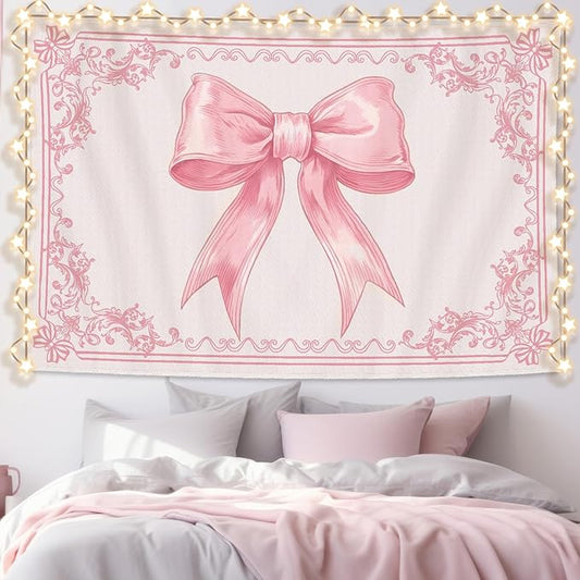 HunnmingRe 79" x 60" Pink Bow Tapestry Coquette Pink Aesthetic Bedroom Hanging Wall Art Preppy Tapestry Decor Kit Cute Bowknot Room Decoration for Women Girls Room Dorm Apartment(Bow)