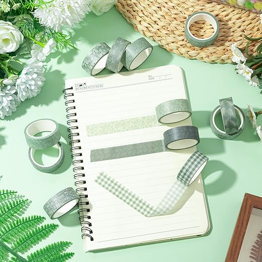 Sage Green Washi Tape - 12 Rolls Gingham Floral Leaf Botanical Patterns Acid Free Repositionable Adhesive Easy Hand Tear for Scrapbook Gift Wrapping Journal Office Supplies DIY Crafts
