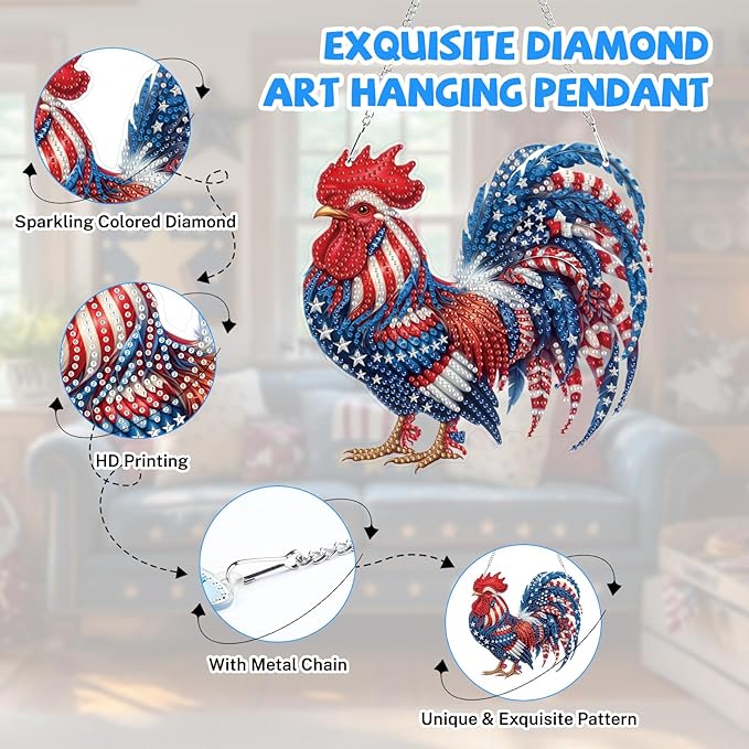 Bowetile Independence Day 5D Diamond Art Hanging Kits for Adults, 4th of July Chicken Diamond Painting Window Pendant Kits, Special Shape Gem Art Suncatchers Ornament for Home Garden Wall Decor