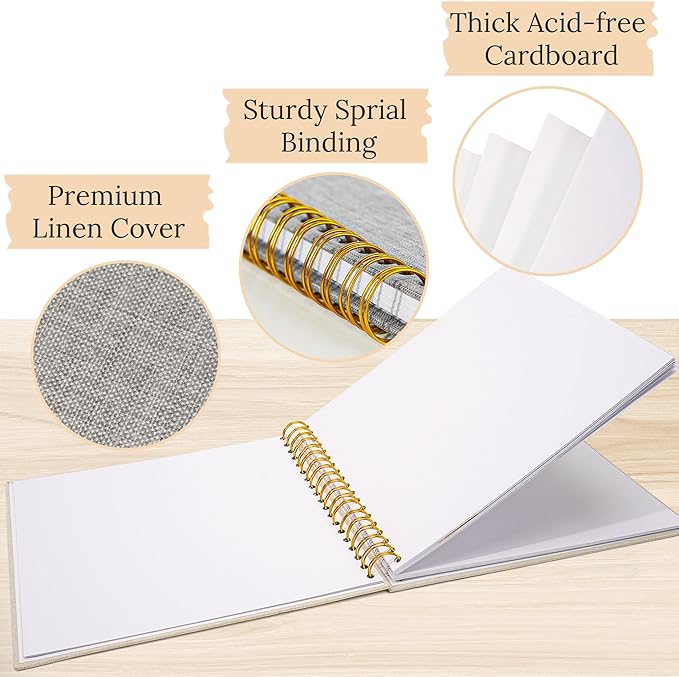 Scrapbook Photo Album Linen Cover, 10 x 10 Inch Hardcover Kraft White Pages Memory Book, for Travel Wedding Guest Book Christmas Baby Shower (20 Sheets/ 40 Pages,Grey)