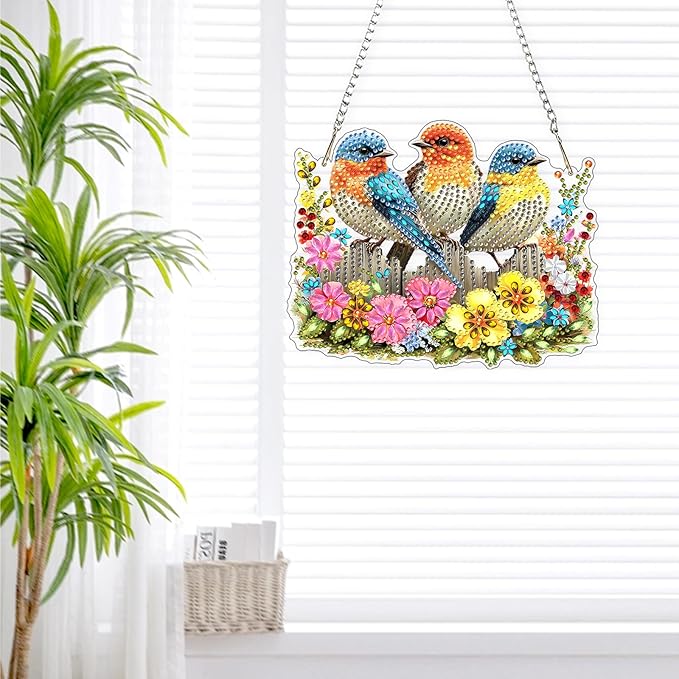 Lxmsja DIY Three Cute Birds Diamond Painting Hanging Ornament, Double-Sided Acrylic Colorful Flowers Diamond Art Kit, Special Shaped Suncatcher Hanging Pendant Window Art Kit 6x8 inch