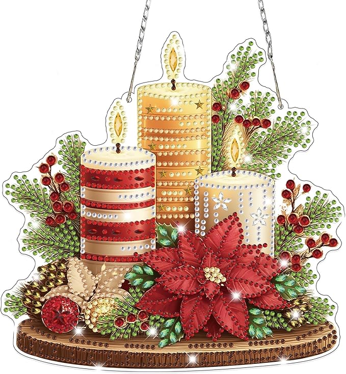 Bowetile Christmas Diamond Art Hanging Kits for Adults, Candle Diamond Art Suncatchers, 5D Special Shape Diamond Painting Pendant Window Ornament Christmas Gifts for Home Door Wall Decor