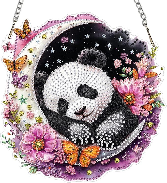 Lxmsja DIY Cute Panda Diamond Painting Hanging Ornament, Double-Sided Acrylic Dreamy Moon Diamond Art Kit, Special Shaped Suncatcher Hanging Pendant Window Art Kit