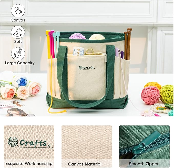 Canvas Yarn Storage Organizer Bag Washable Crochet Bag with Pockets for Yarn, Hooks, Needles – Travel Knitting Tote for Crafters – Gift for Crocheters & Knitters (Medium/Large)