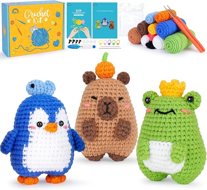 fortuning's jds crochet kit for beginners, crochet animal kit includes penguin, capybara & frog, complete starter kit for adult, diy craft crochet kits, easy knitting kit christmas gifts