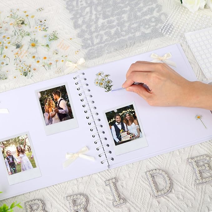 Mioxskrey Letters To The Bride Scrapbook Wedding Bridal DIY Blank Paper Memory Scrapbook Wedding Albums Supplies with Pearl Stickers, Bows, Metallic Letters, Flower Stickers, Tweezers, 8x8 Inch, White