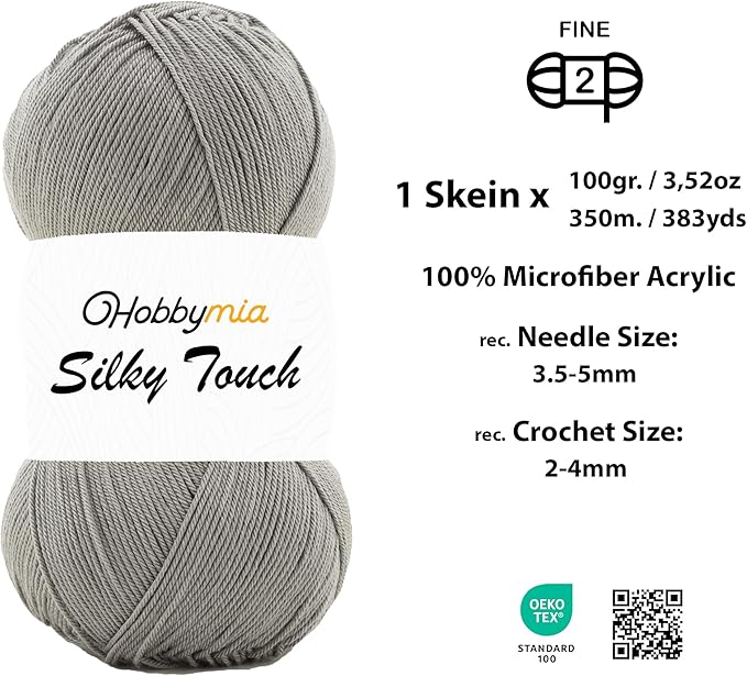Silky Touch Acrylic Yarn - Soft Sport Weight Yarn for Crochet & Knitting - 100g / 383yds - 100% Microfiber Acrylic - Lightweight Fine Smooth Yarn(Gray - Charcoal Gray, 1 Skein)