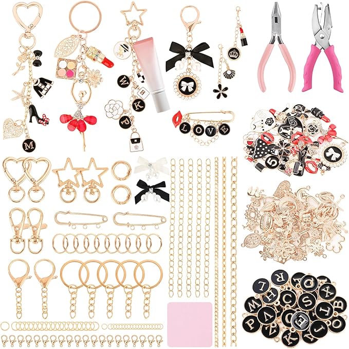 Prdingfy 477Pcs Lip Gloss Keychain Making Kit with Plier & Puncher, DIY Bag Charm & Bracelet Making Supplies, Alphabet Charms & Key Hooks for Personalized Gifts & Small Business