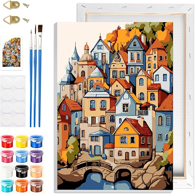 GHHKUD House Paint by Numbers with Frame for Adults Beginners, DIY Landscape Paint by Numbers for Age 6-12, Art on Canvas Gifts Home Wall Decor 8x12in