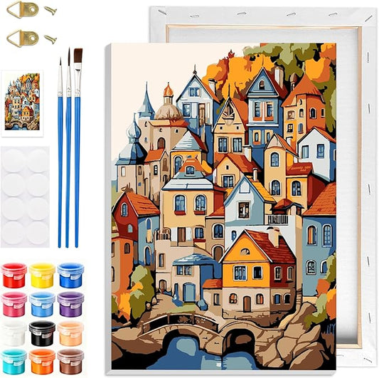 GHHKUD House Paint by Numbers with Frame for Adults Beginners, DIY Landscape Paint by Numbers for Age 6-12, Art on Canvas Gifts Home Wall Decor 8x12in