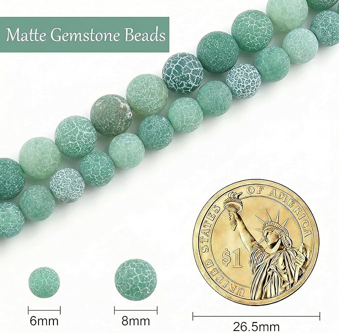 Stone Beads, 45pcs Matte Green Weathered Agate, 8mm Round Loose Beads for Jewelry Making, Bracelets, with Bag, String & Card