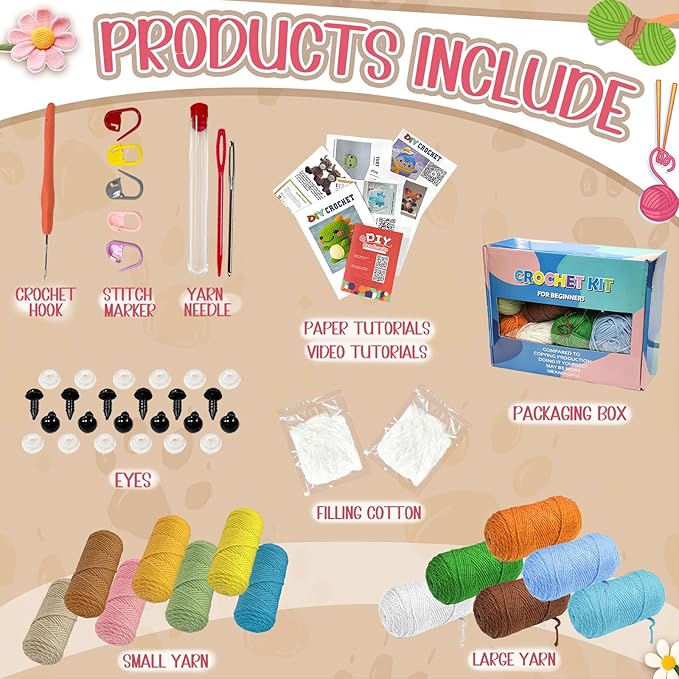 OurWarm 6PCS Crochet Kit for Beginners, Crochet Animal Kits, DIY Craft for Adults and Kids, Attached Step-by-Step Video Tutorial, Great Choice for Manual Lovers Birthday and Holiday Gifts
