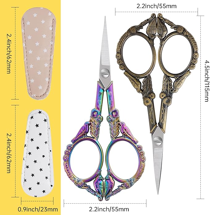 Crochet Scissors with Cover – Rainbow Vintage Small Embroidery Scissors, Sharp Craft Scissors for Yarn Thread Sewing Needlework, Cute Bird Design Gift for Crocheter Quilter, 4.6 Inch
