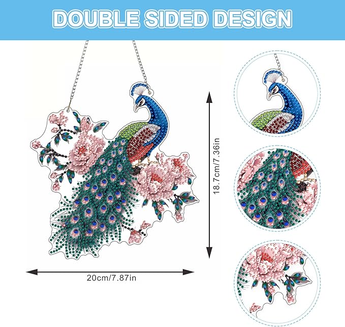 Lxmsja DIY Peacock On Branch Diamond Painting Hanging Ornament, Double-Sided Acrylic Pink Flowers Diamond Art Kit, Special Shaped Suncatcher Hanging Pendant Window Art Kit 7x8 inch