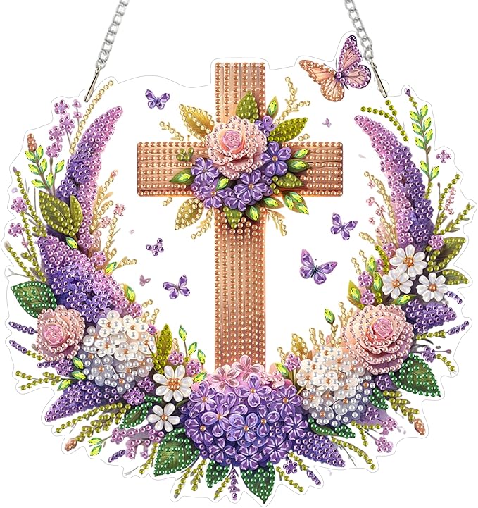 Eiflow Acrylic Diamond Art Hanging Kit for Adults, DIY Diamonds Painting Door Hanging Board Kit, Special Crystal Diamond Art Painting Pendant Ornament (Cross)