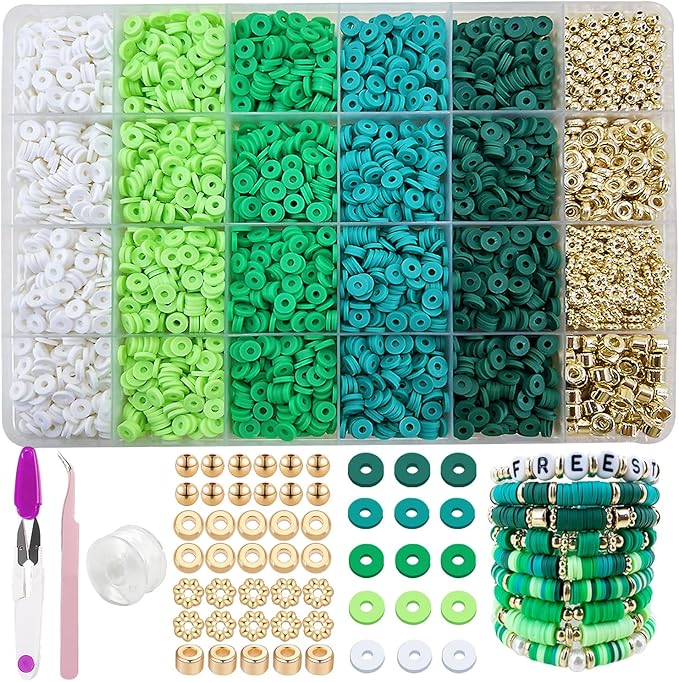 MIIIM Green Clay Beads Kit for Bracelets Making, Heishi Beads for Friendship Bracelet, Clay Charms and Gold Spacers for Jewelry Making, Crafts, Concert, Raves, Gifts
