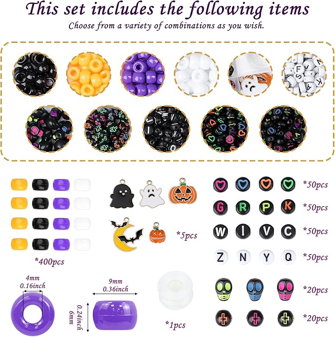 640 Pcs Halloween Bracelet Kit, Halloween Beads for Bracelets Jewelry Making Black Orange Purple White Pony Beads with Moon Charms for DIY Craft Necklace