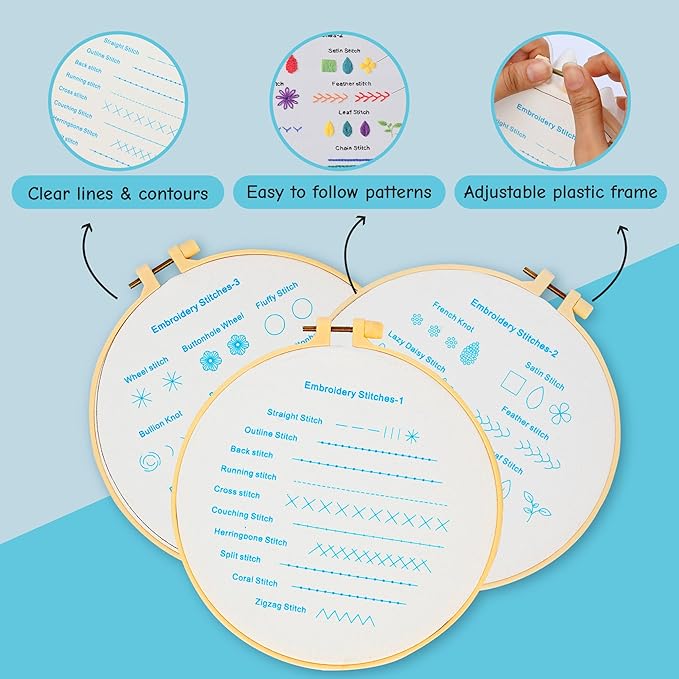 Beginner Embroidery Kit – Learn 28 Stitches – DIY Embroidery Set with 3 Hoops, Stamped Patterns, Needles, Scissors, Thread – Complete Cross Stitch Kit for Adults, Teens, Beginners & Crafters