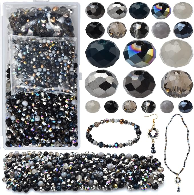 1000pcs Faceted Rondelle Beads,4/6/8mm Crystal Glass Beads for Jewelry Making Assorted 3 Sizes Spacer Loose Beads with Storage Box(Black Color)