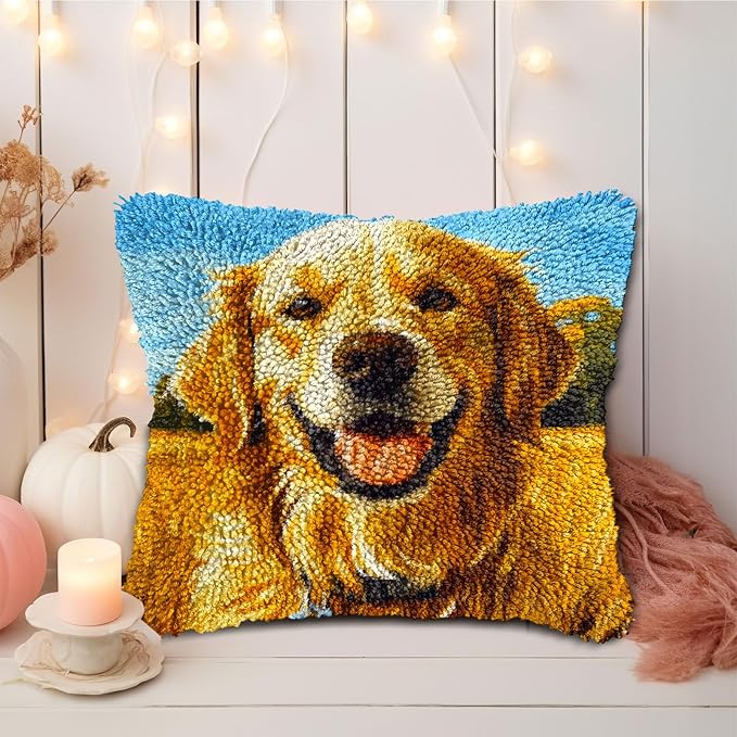 DIY Latch Hook Pillow Kits Golden Retriever Dog Printed Pillowcase Crochet Yarns Hooking Handmade Pillow Cover Cushion for Home Sofa Decoration 17x17inch-1