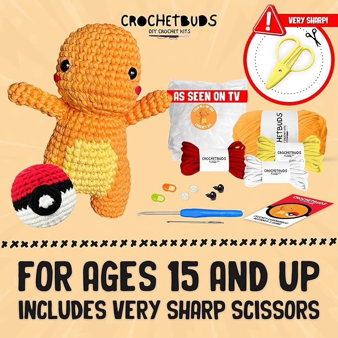 Charmandoo Crochet Kit | Intermediate Level | Great for Couples, Date Night, Teens, Adults, & Anime Lovers | DIY Gift Kit w/Ball | Instructions, Yarn, Hook, Video & Written Tutorial [Ages 15+]
