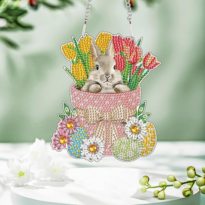 5D Rabbit Diamond Art Suncatcher Hanging Kit, DIY Crystal Diamond Painting Pendant Wall Window Door Decor, Handmade Animal Rhinestone Art Ornament Craft for Home, Garden, Easter or Birthday Gifts