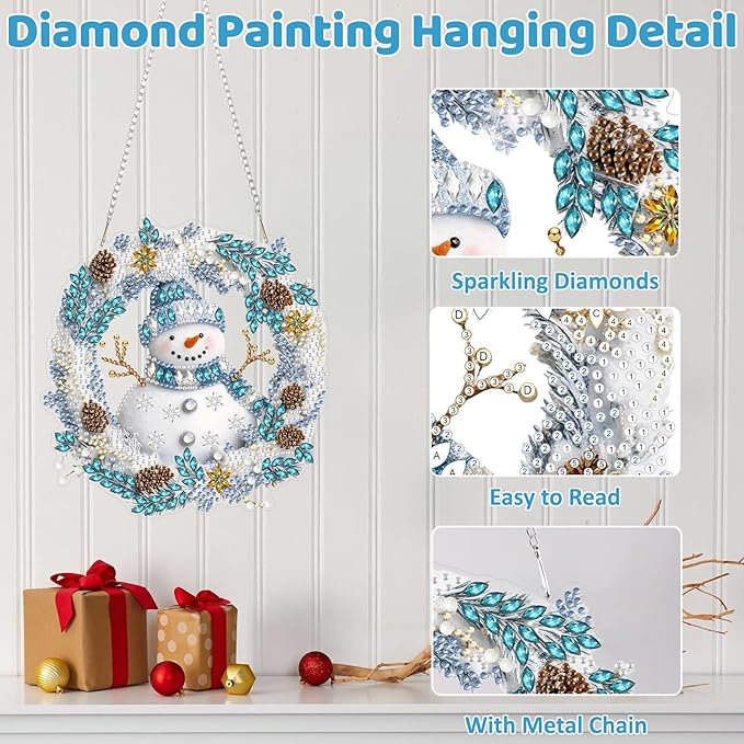MEIYUDA Snowman Diamond Art Hanging Kits for Adult, Snowman Winter Wreath Diamond Painting Hanging Kits Ornaments, DIY Special Shaped Rhinestone Window Pendants kit for Home Garden Wall Decor