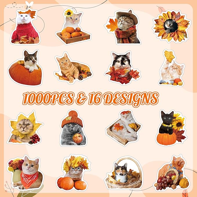 h1vojoxo autumn thanksgiving sticker rolls - 1000pcs fall cat dress up stickers in 2 rolls 16 designs autumn thanksgiving self-adhesive sticker for kids craft envelope cat lover holiday party supplies