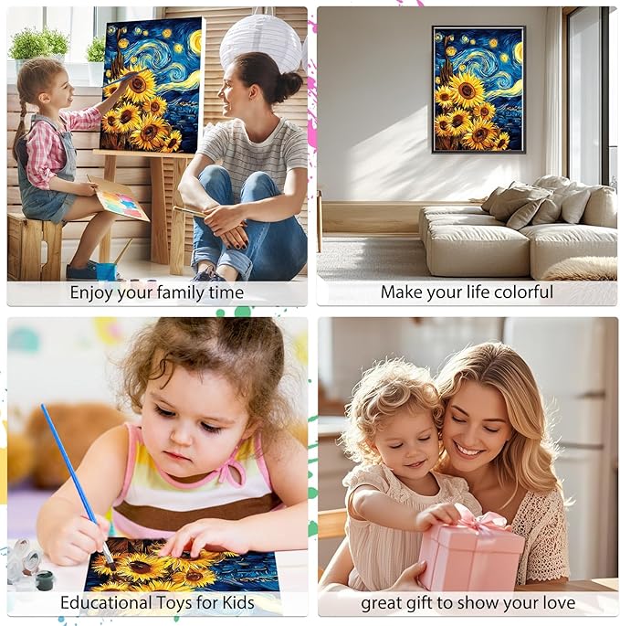 EOBROMD Framed Paint by Numbers Kits for Adults - Wooden Easel, Starry Night DIY Kits Crafts for Beginner on Stretched Canvas, 3 Brushes and Acrylic Paint for Home Decor 10x14 Inch