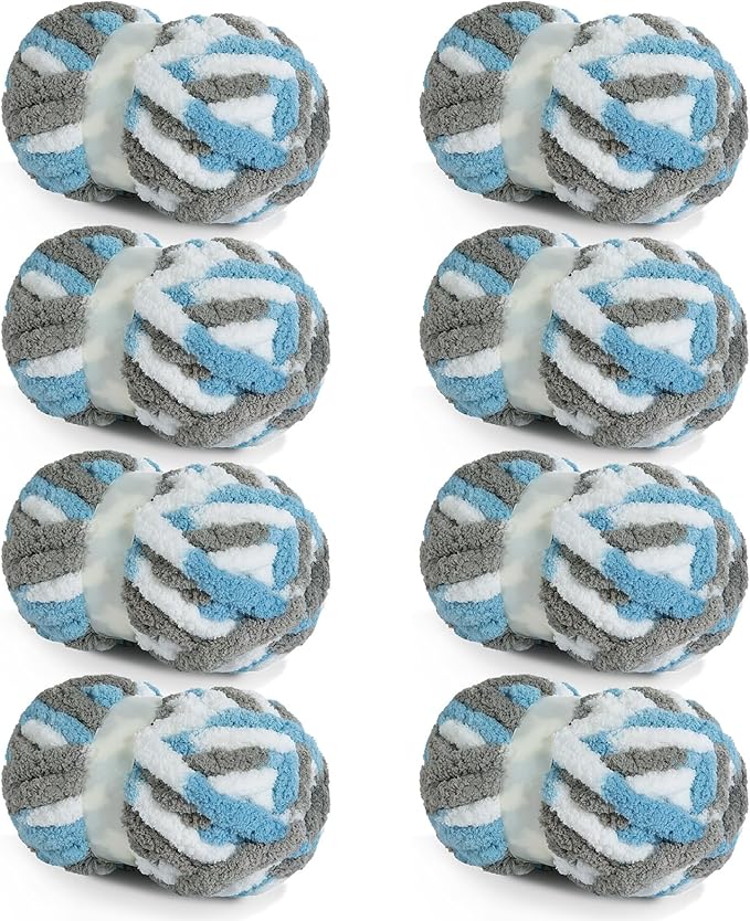 HOMBYS Chunky Tie Dye Mix Chenille Yarn for Hand Knitting, Super Bulky Jumbo Yarn for Crocheting, 3/4" Thick Soft Plush Yarn for Blankets, 8 Skein Pack (26 yds / 7.5 oz Each) Blue,Grey,White