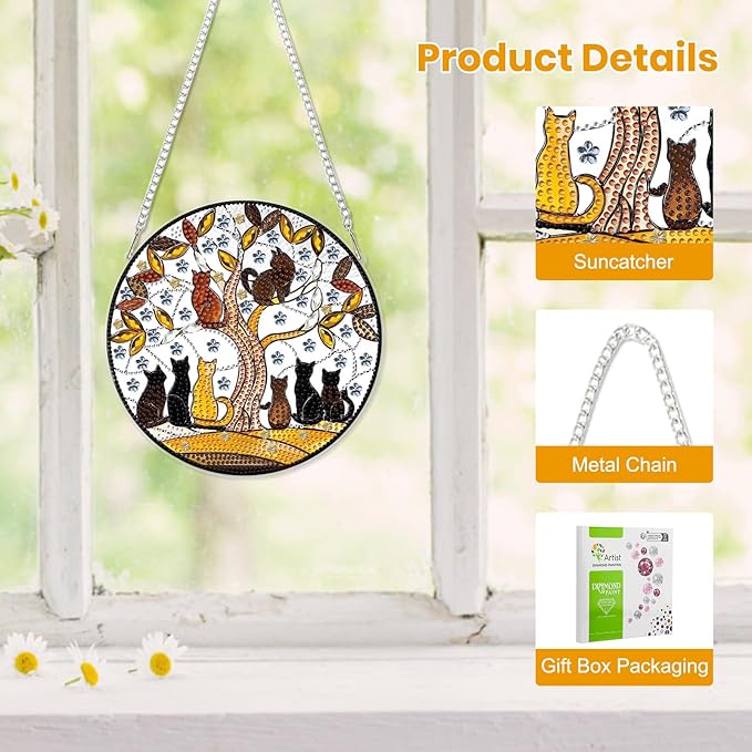 EOBROMD Diamond Hanging Art Kits for Adults, Diamond Art Painting Cats on Branch Window Pendant Kits Suncatchers, DIY Special Shaped Rhinestone Adults, Home Wall Decor