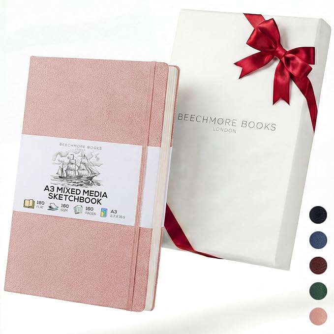 Beechmore Books A3 Mixed Media Sketchbook - 11.7x16.5 Extra Large Professional Studio Drawing Pad, 160 GSM / 98 lb Perforated Ivory Paper, Hardcover Lay-Flat Design, Gift Box for Artists & Watercolor
