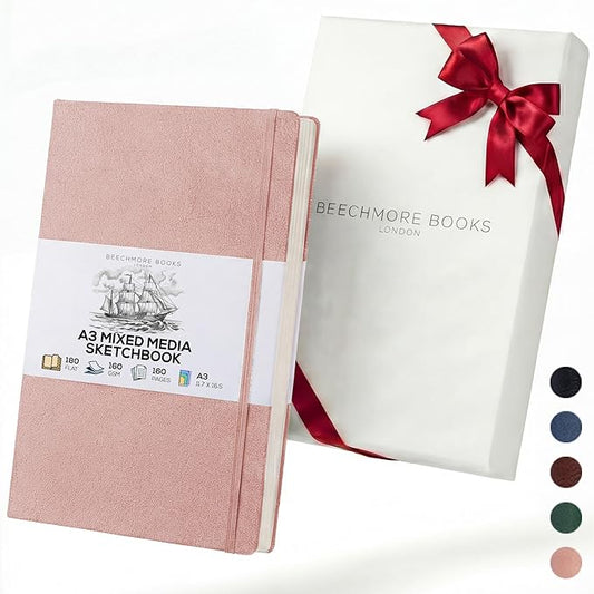 Beechmore Books A3 Mixed Media Sketchbook - 11.7x16.5 Extra Large Professional Studio Drawing Pad, 160 GSM / 98 lb Perforated Ivory Paper, Hardcover Lay-Flat Design, Gift Box for Artists & Watercolor