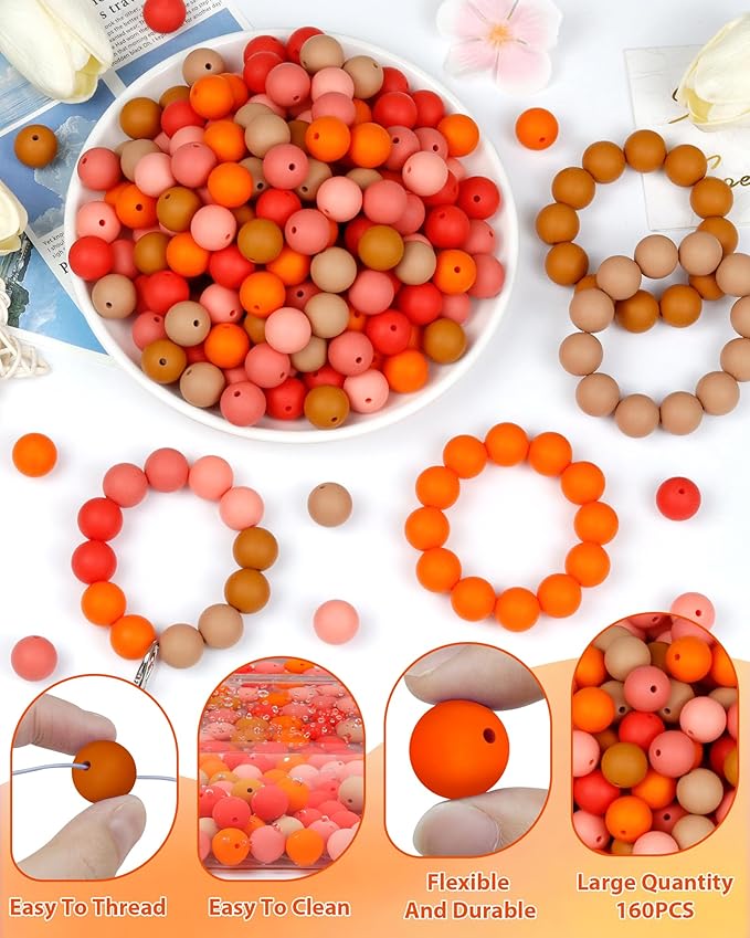 160pcs fiveizero 15mm silicone beads for keychain making - mixed color round rubber beads bulk, diy craft supplies for bracelets necklaces pens(orange)