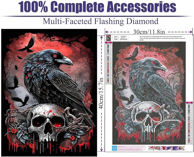 Mrnsiet Halloween Diamond Painting Kits for Adults, 5D Crow Diamond Painting for Beginner, DIY Full Drill Skull Diamond Art Kits for Home Wall Decor 12 x 16 Inch