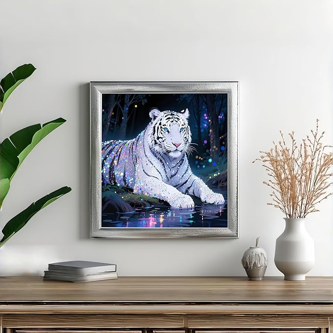 Diamond Art Kits for Adults White Tiger, DIY 5D Diamond Painting Kit for Beginners, Animal Full Round Drill Gem Art Dots for Adults, Diamond Dots Paintings Crafts Home Wall Decor 14X14 Inch