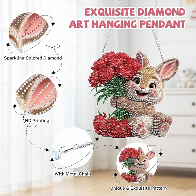 Bowetile Rabbit Diamond Art Hanging Kits for Adults, Diamond Art Suncatchers Bunny, 5D Special Shape Diamond Painting Flowers Pendant Window Ornament Easter Gifts for Home Wall Decor