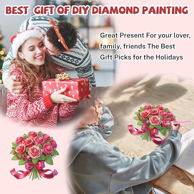 Bowetile Valentine's Day Diamond Art Hanging Kits for Adults, Diamond Art Suncatchers Pink Roses, 5D Special Shape Diamond Painting Flowers Pendant Window Ornament Gifts for Home Door Wall Decor