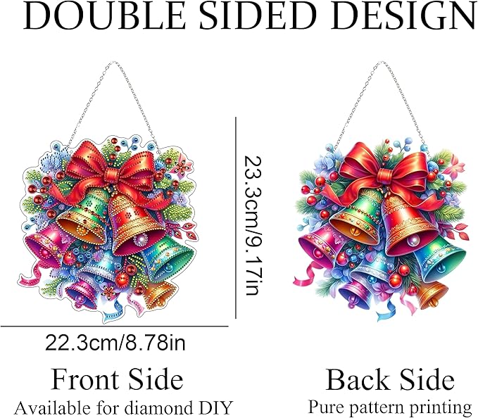 JJFox DIY Acrylic Diamond Art Painting Wreath Kits Special Shaped Rhinestone Diamond Art Window Pendants Home Garden Wall Hanging Kits Hanging Ornament (Christmas Bell)