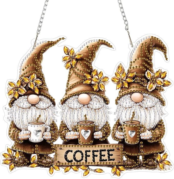 KEYIFA Diamond Painting Kit, DIY Gnomes Diamond Art Hanging for Adults Beginner, Coffee Gem Arts Pendant Special Shaped Rhinestone Window Ornaments Wall Door Garden Decoration Gift, Double Sided