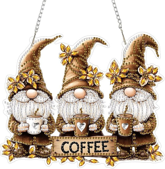 KEYIFA Diamond Painting Kit, DIY Gnomes Diamond Art Hanging for Adults Beginner, Coffee Gem Arts Pendant Special Shaped Rhinestone Window Ornaments Wall Door Garden Decoration Gift, Double Sided