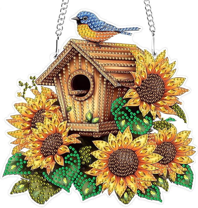 MXJSUA Birdhouse Sunflowers Special Shaped Hanging Diamond Painting Art Kits for Adults, Crystal Rhinestone Acrylic Gem Art Pendant Ornaments Kit for Home Decoration and Gift