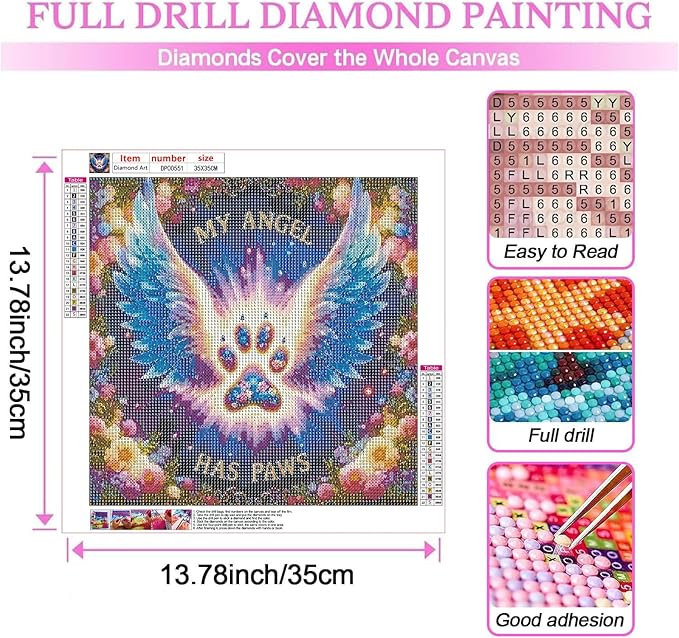 ARPADAMO Angel Wings Diamond Art Kits for Adults,5D Diamond Painting DIY Dog Paw Diamond Art Diamond Painting Kits for Adult,Round Full Drill Diamonds, Diamond Art Kits for Home Decor-13.78x13.78inch
