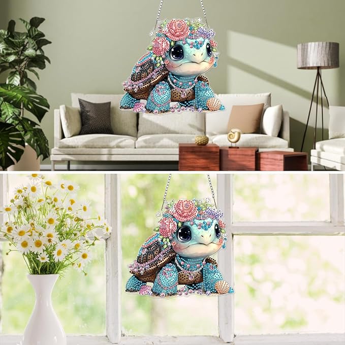 MXJSUA Cute Turtle Diamond Art Hanging Kits for Adults Beginners, Crystal Diamond Suncatchers, Special Shape Diamond Painting Pendant Window Ornament Gifts for Home Garden Door Wall Decor