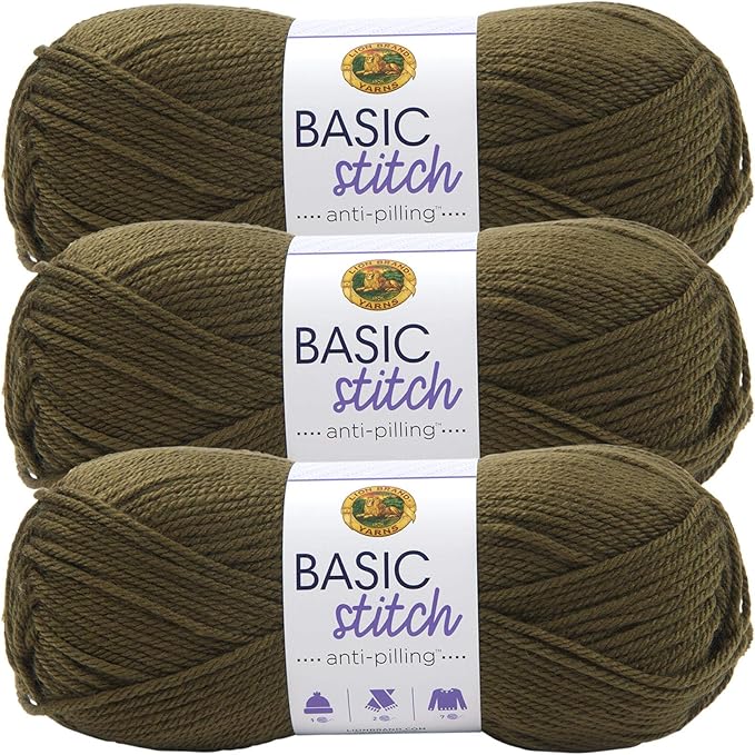 Lion Brand Yarn Basic Stitch Anti-Pilling Yarn for Crocheting, Knitting, and Crafts, Olive, 3 Pack