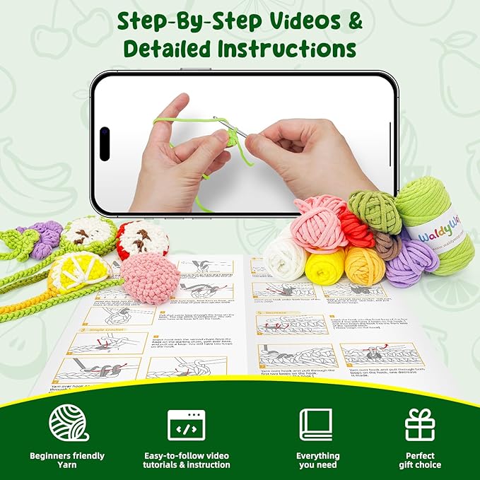 WaldyWop Crochet Kit for Beginners: 5 PCS Fruit Bookmarks Crochet Kits w/ 40% Extra Yarn, Accessories - Easy Video Tutorials & Instructions for Starter Adults - DIY Christmas Gift Set for Her Women