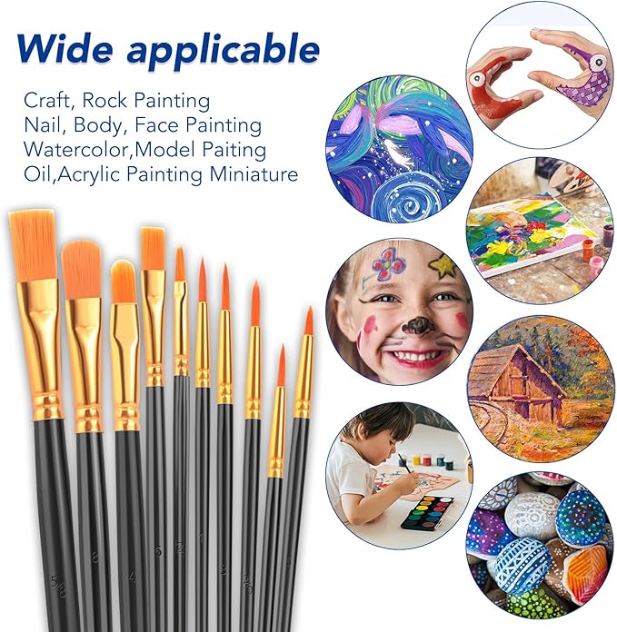ESRICH Acrylic Paint Brushes Set,8Packs /80 Pcs Black Nylon Paintbrushes, Suitable for Acrylic Oil Watercolor Rock Body Face Nail Art,Perfect Suit of Art Painting, Best Gift for Kids Adult Drawing