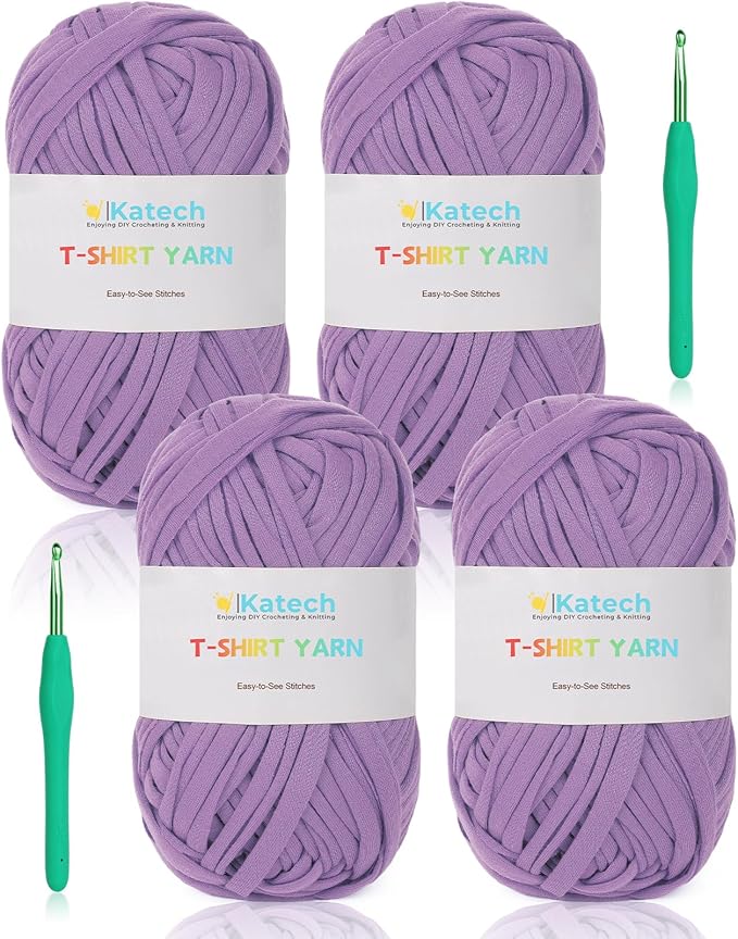 Katech 130 Yards T-Shirt Crochet Yarn for Crocheting - 400g Spaghetti Fabric Cloth for DIY Knitting, Handmade Basket, Cushion Decor - Easy for Beginners (Purple)