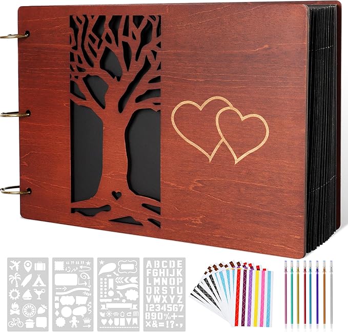 Giiffu Wooden Family Scrapbook Album, DIY Photo Memory Book with Family Tree Design, 100 Pages Personalized Scrapbooking Album, Gift for Mother’s Day, Baby Shower & Family Keepsake